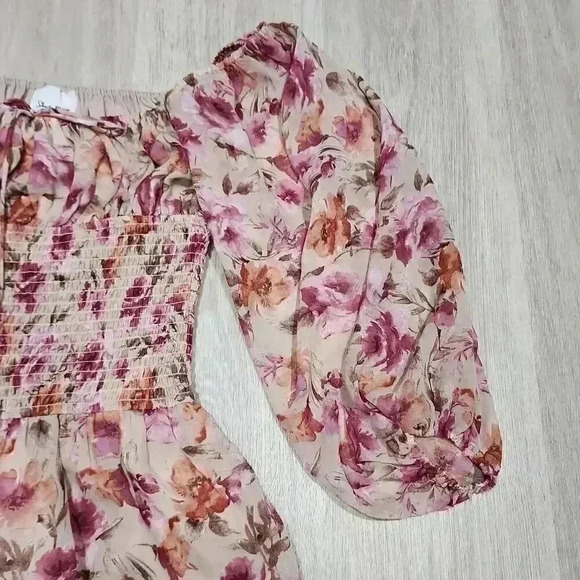 Sky to Moon Womens Floral Balloon Sleeve Smocked Waist Blouse Multi-Color Small - Picture 5 of 10